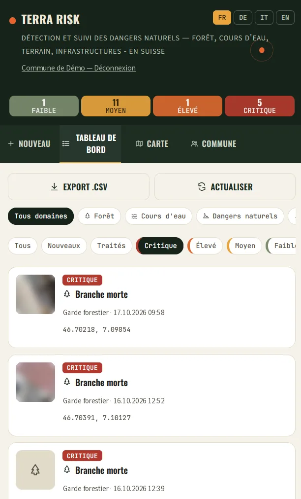 Liste des signalements sur téléphone, filtrée sur les dangers critiques