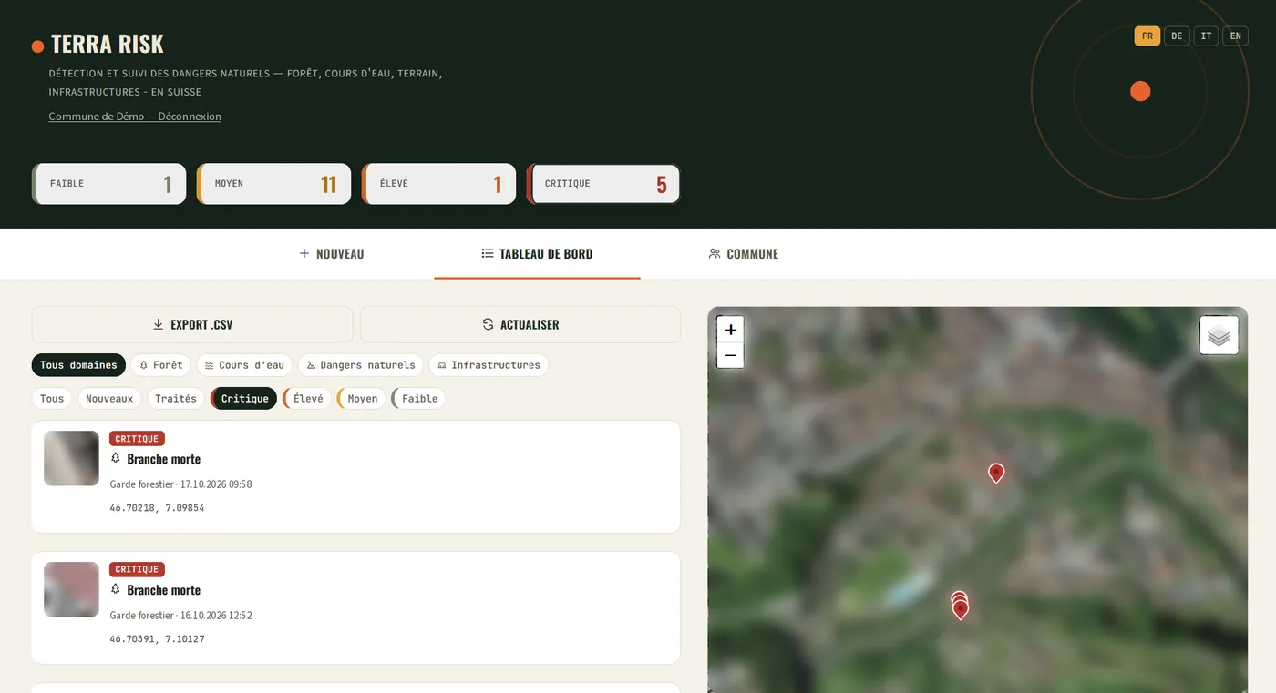 Tableau de bord Terra Risk sur ordinateur : compteurs par niveau de danger, liste des signalements avec photo et carte